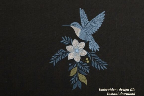 Blue Hummingbird Flying Floral Black