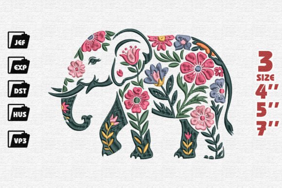 Colorful Folk Art Floral Elephant Embroidery
