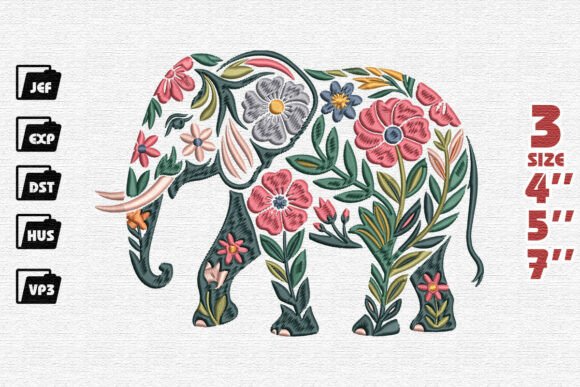 Colorful Folk Art Floral Elephant Embroidery Design
