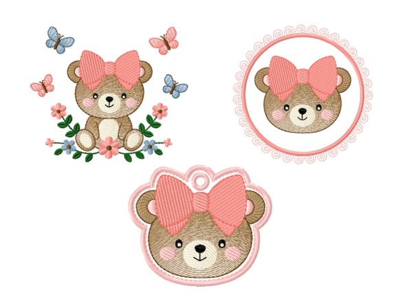 Cute Teddy Bear with Bow Embroidery