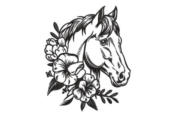 Elegant Horse and Floral Line Art