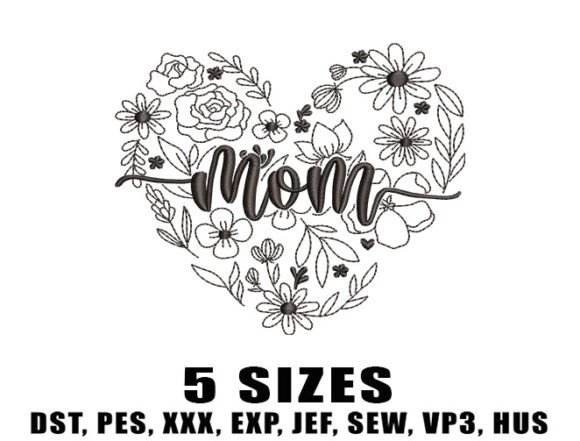 Mom Heart Floral Embroidery Designs