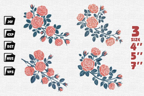 Set 4 Elegant Rose Bouquet Embroidery